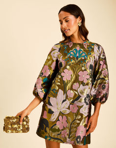 Rosanna Mini Dress in Fleur Baroque with three-quarter balloon sleeves, elastic cuffs, and an A-line shift silhouette.
