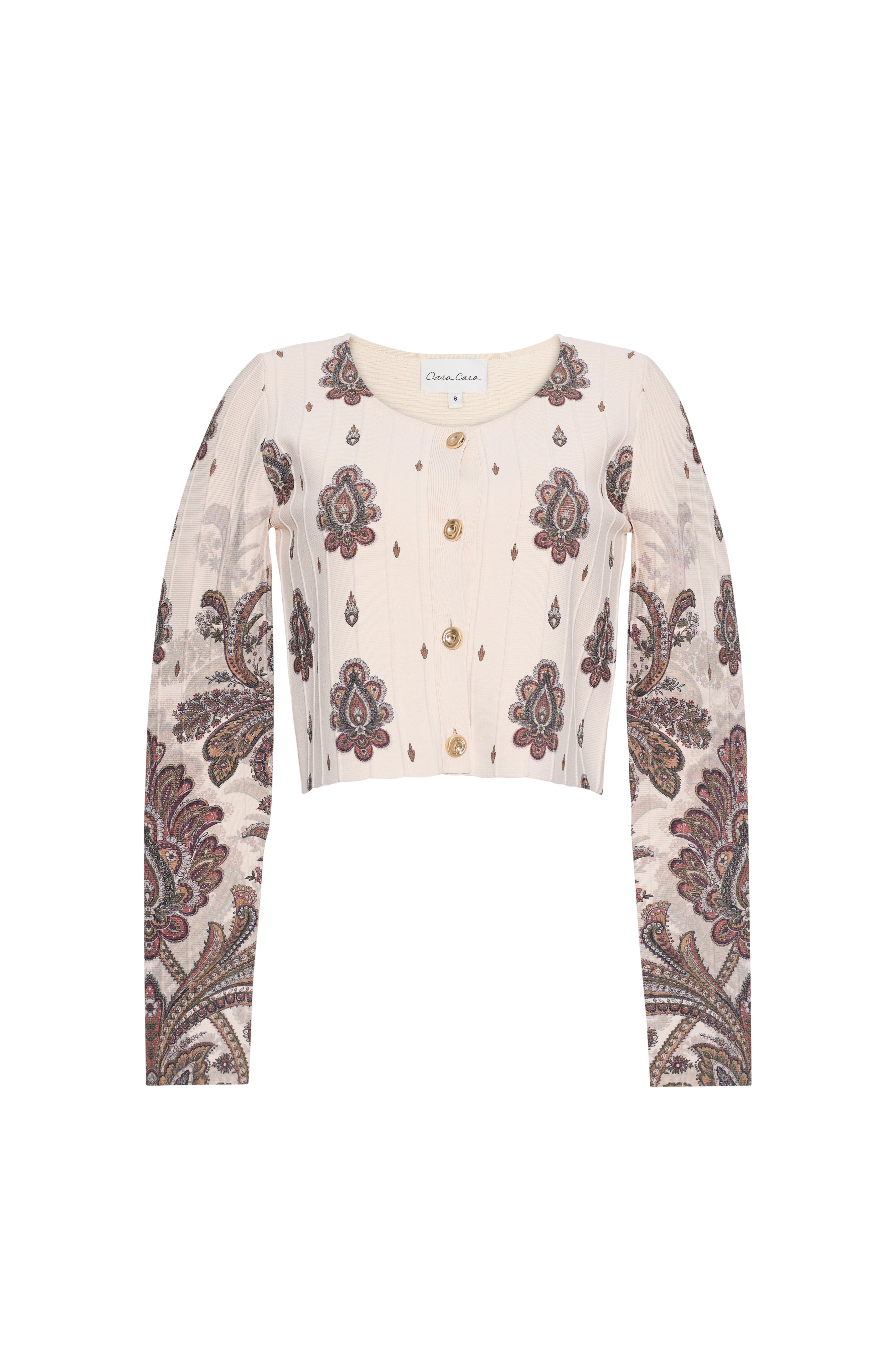 Front view of Rose Cardigan in Castle Paisley Ivory with paisley print, cropped fit, and gold buttons on a white background
