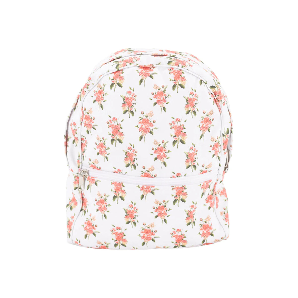 Front view of Rose Girl Backpack showcasing its floral print and front zipper on a white background