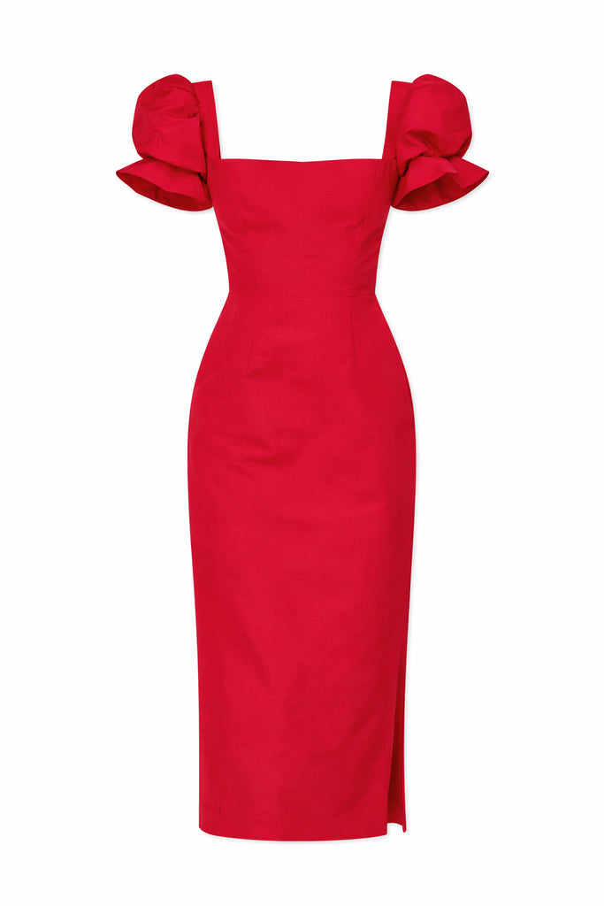 red midi dress formal Muriel | Boat-Neck Volume-Hem elongated silhouette ASOS Design Flutter Sleeve Satin