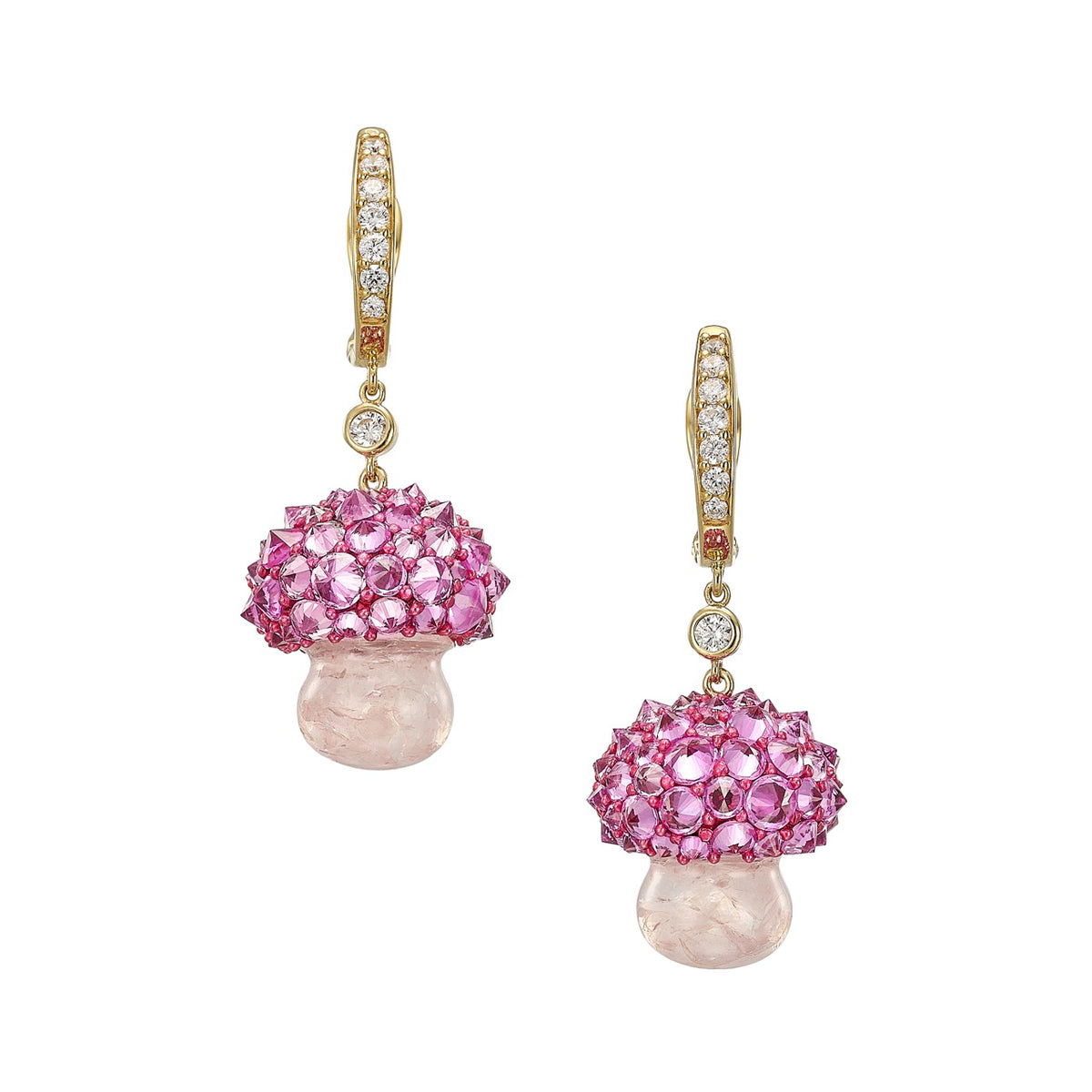 Front view of Rose Quartz Virosa earrings showing pink crystal mushroom drops, rose quartz beads, and gold hoops with pave stones