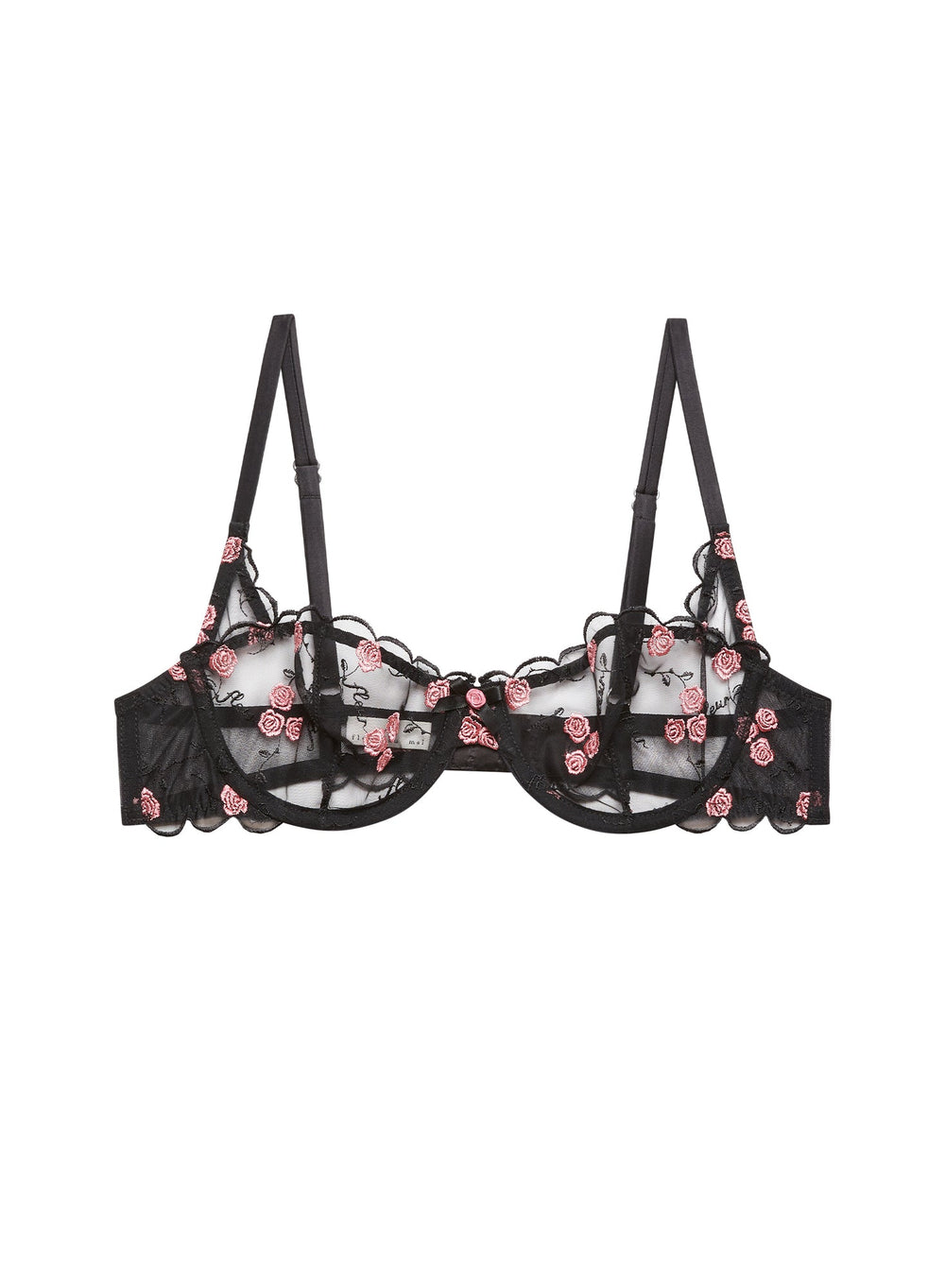 Flat lay of Rose & Vine balconette bra in black showing sheer mesh cups with pink rose embroidery on white background