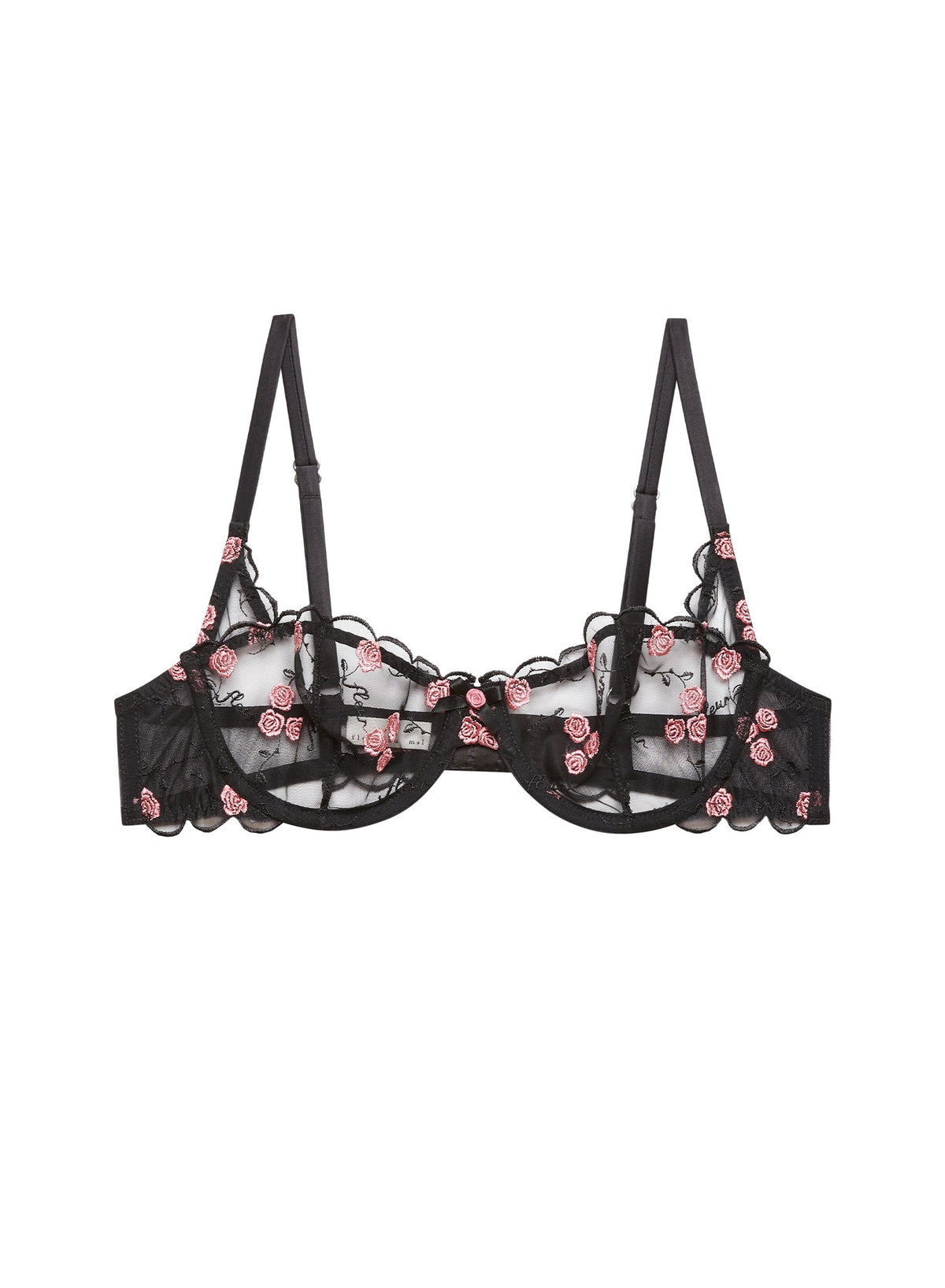 Flat lay of Rose & Vine balconette bra in black showing sheer mesh cups with pink rose embroidery on white background