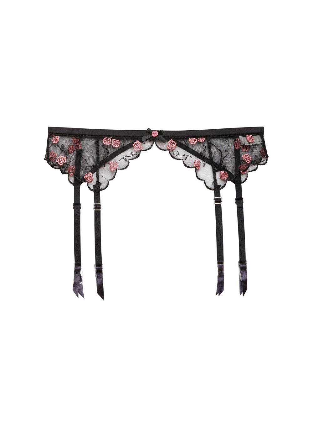 Flat lay of Rose & Vine garter belt in black with pink rose embroidery and four straps on white background
