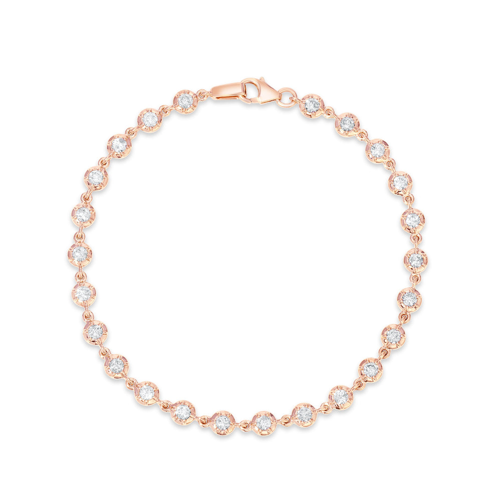Flat lay of Mini Daisy Chain Link Bracelet in 14k rose gold showcasing rosette bezel diamonds and lobster clasp