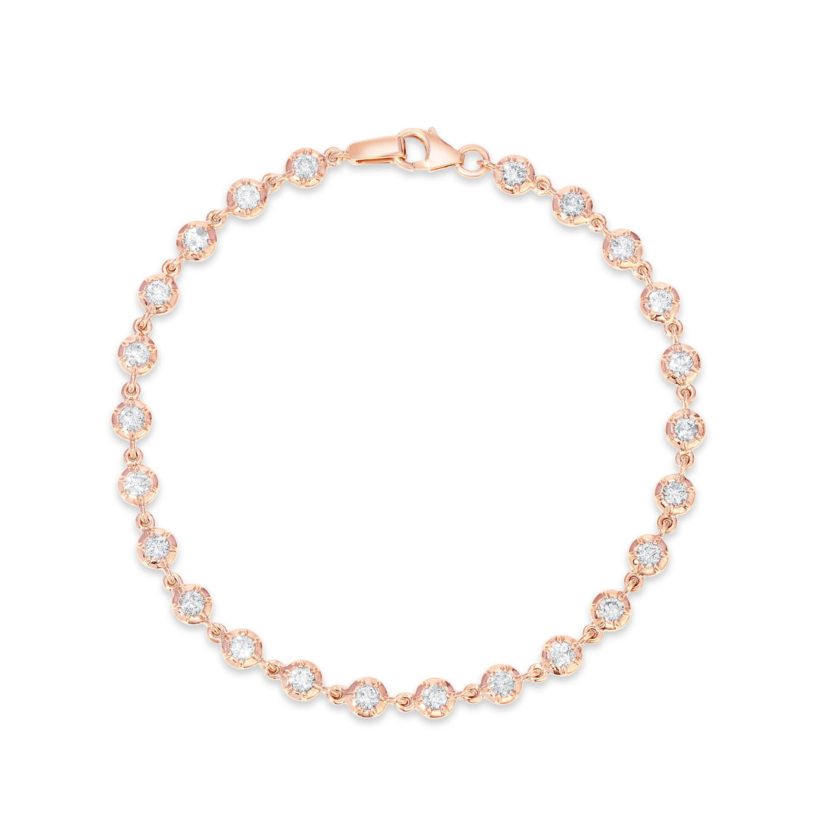 Flat lay of Mini Daisy Chain Link Bracelet in 14k rose gold showcasing rosette bezel diamonds and lobster clasp
