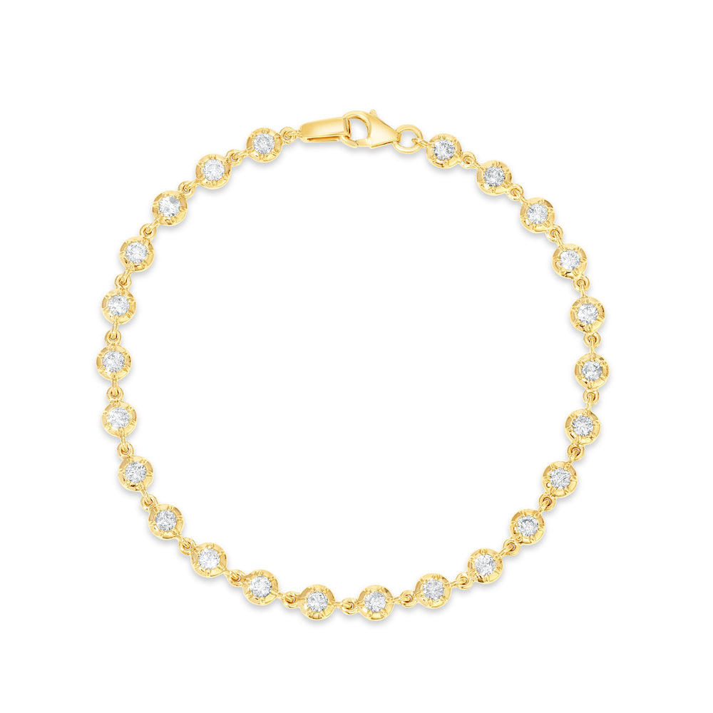 Flat lay of Mini Daisy Chain Link Bracelet showing rosette bezel diamonds and lobster clasp in 14k yellow gold on white