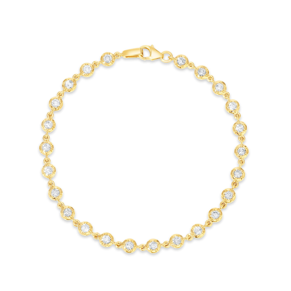 Flat lay of Mini Daisy Chain Link Bracelet showing rosette bezel diamonds and lobster clasp in 14k yellow gold on white