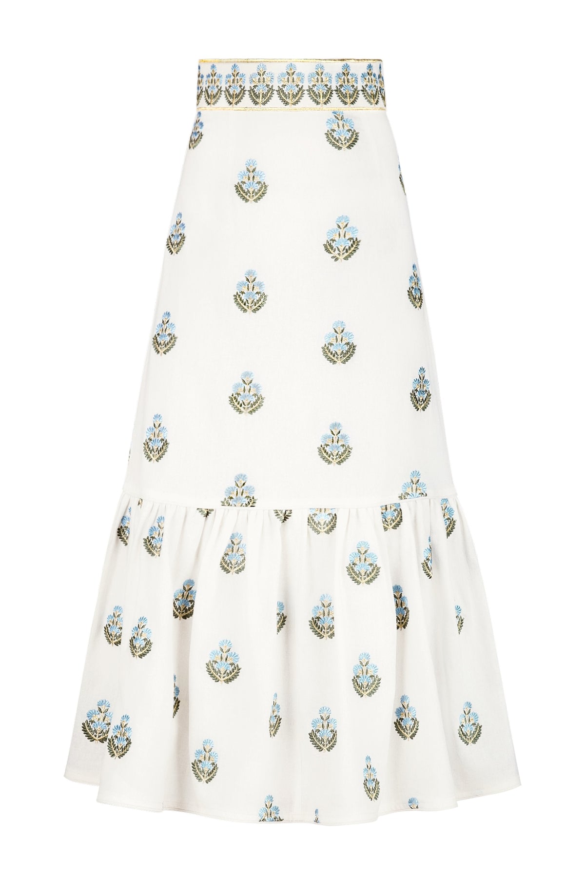 Front view of Begum Skirt in Off White and Blue showcasing high waistband, blue floral motifs, and tiered hem on white background