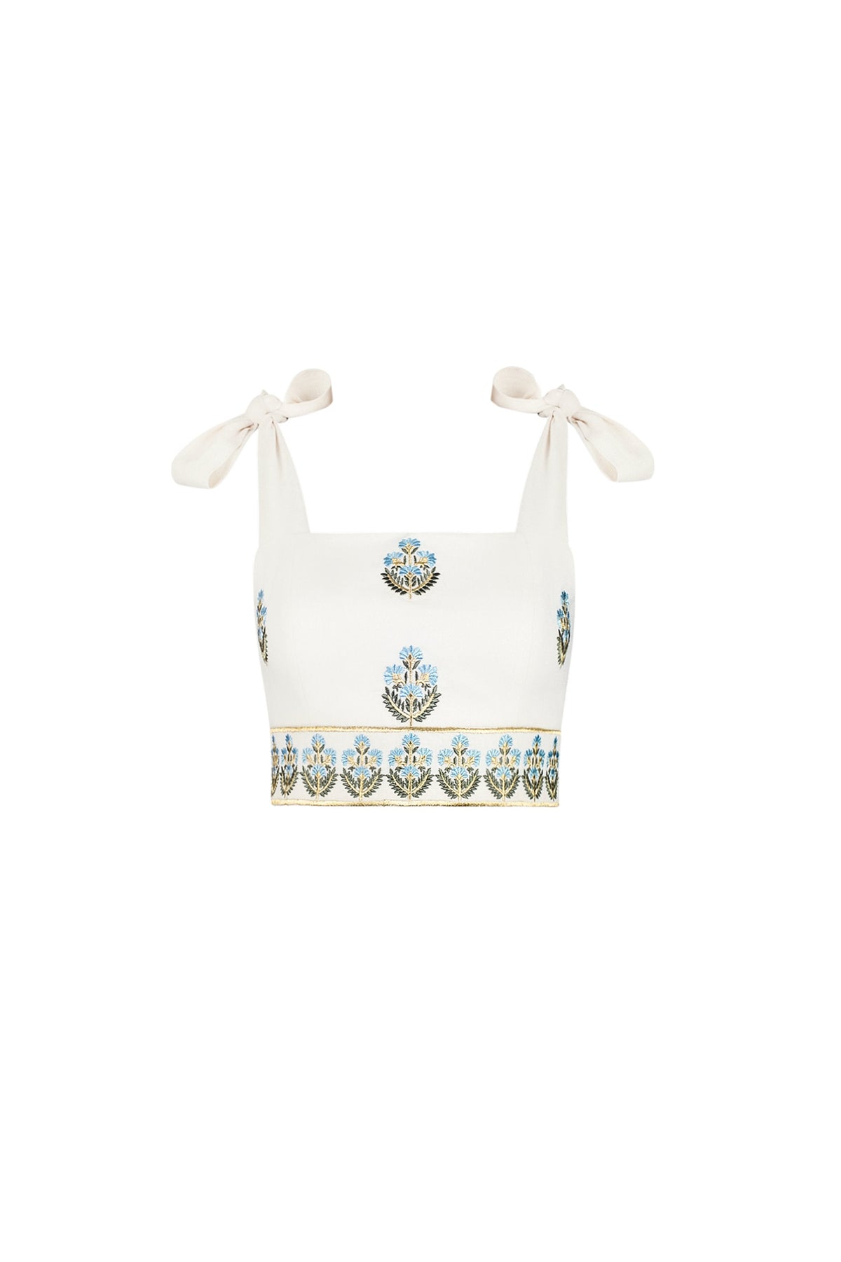 Front view of Begum crop top showcasing blue floral embroidery, tie shoulder straps and fitted cropped silhouette on white background