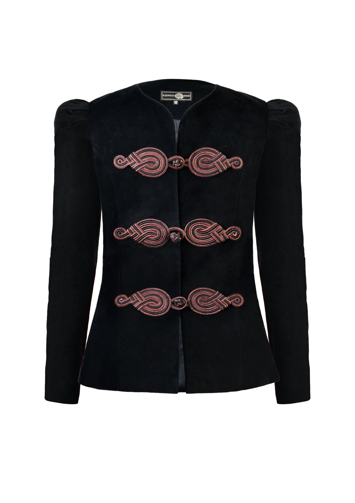 Front view of Coco Jacket in Black showcasing handcrafted silk knot buttons with a white background