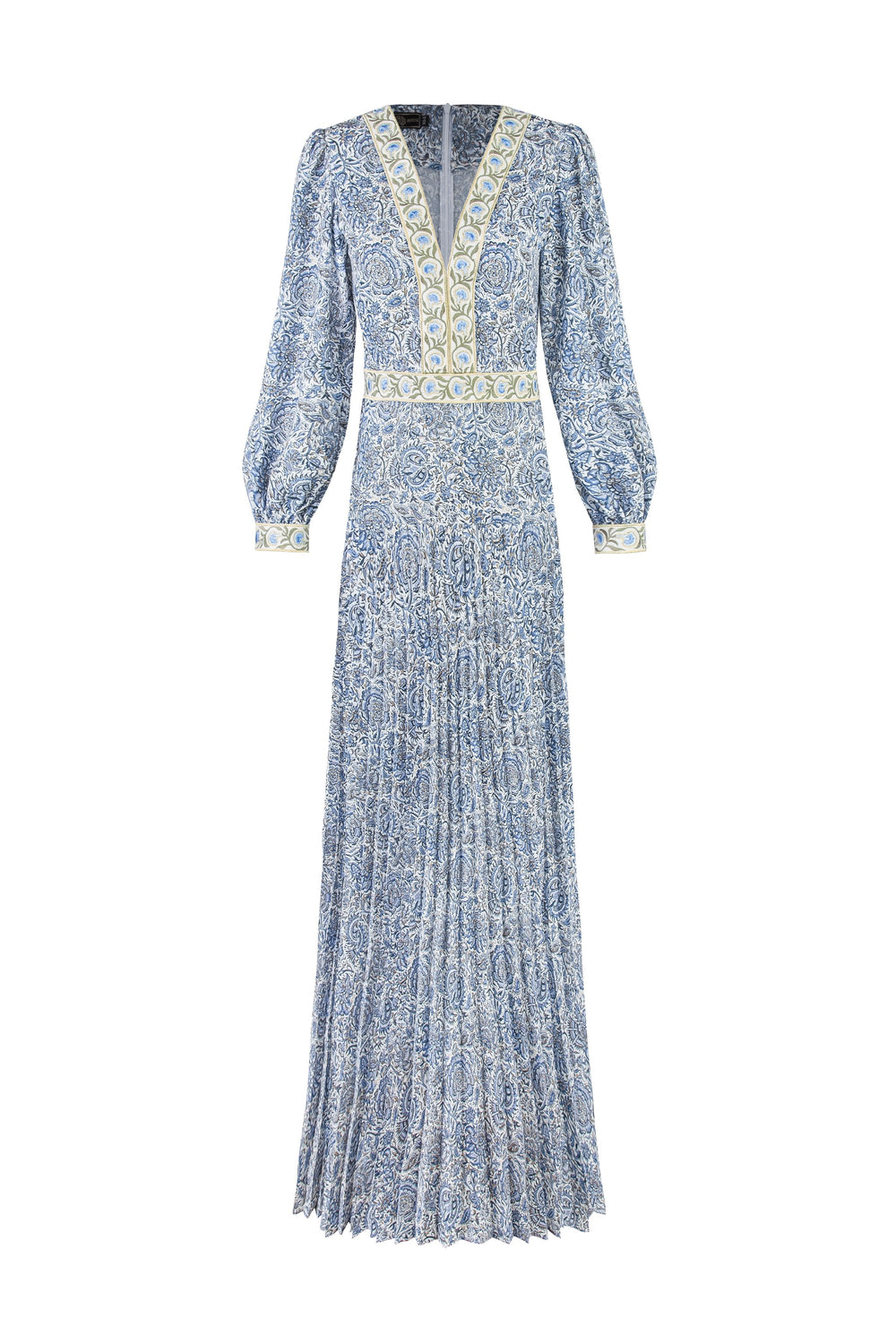 Front view of Tooba Maxi Dress showcasing pleated skirt and embroidered V-neck and cuffs, blue floral print on white