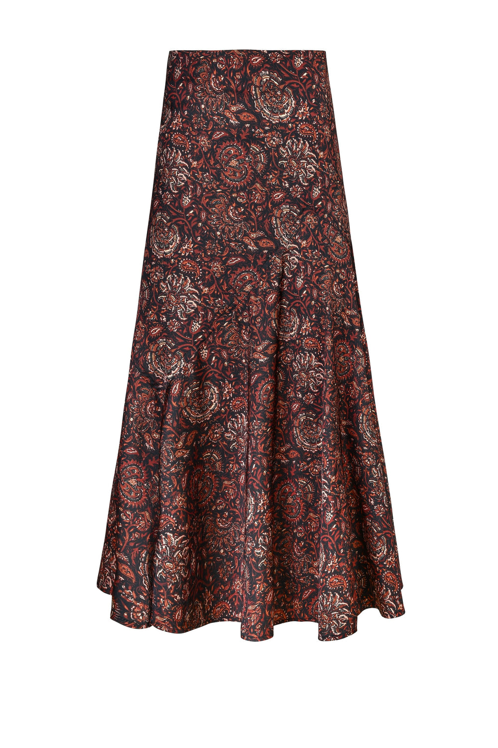 Front view of Zoya skirt showing brown floral print and asymmetrical A-line hem on white background