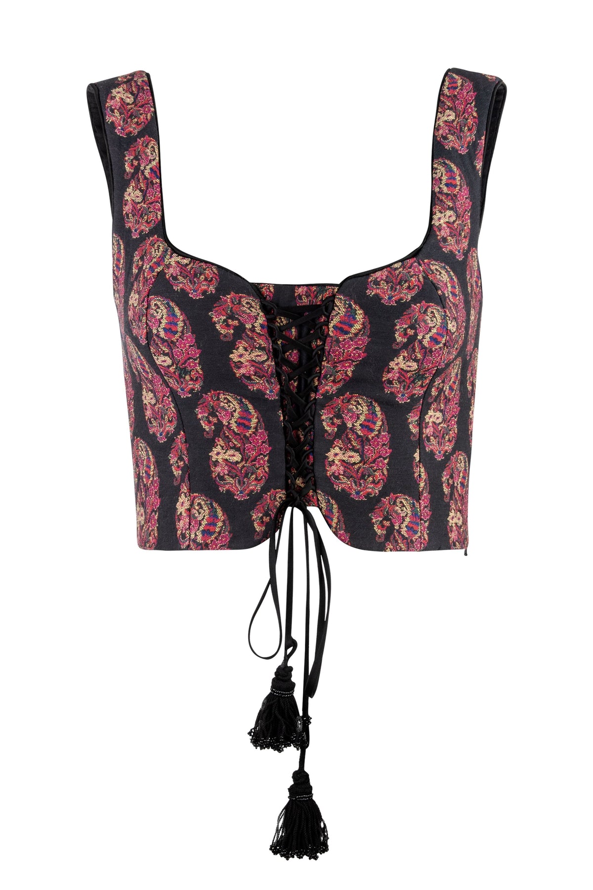 Front of Shalimar Bustier in Termeh showing paisley embroidery, lace-up center, and tassel ties on white background