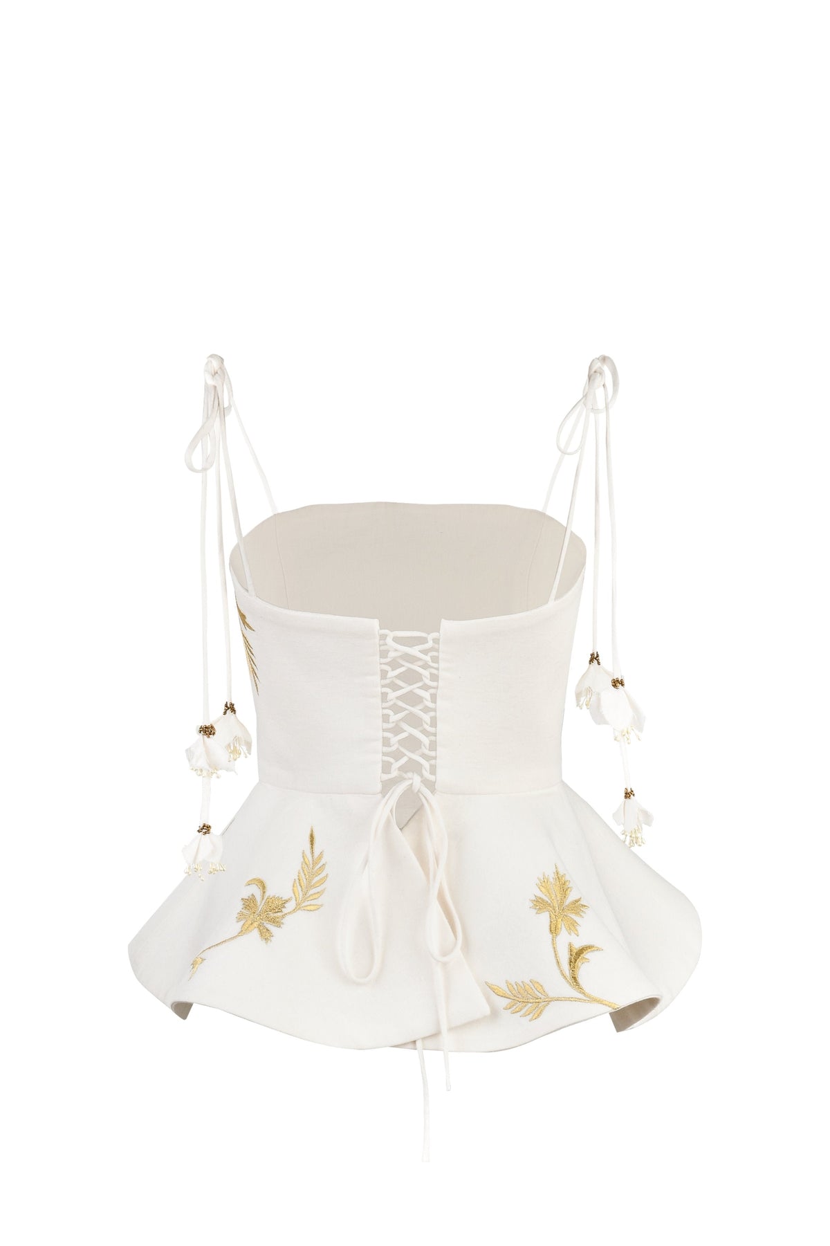 Back view of Lily Top in Ivory and Gold showcasing silk thread floral embroidery and beaded bowtie straps on white background