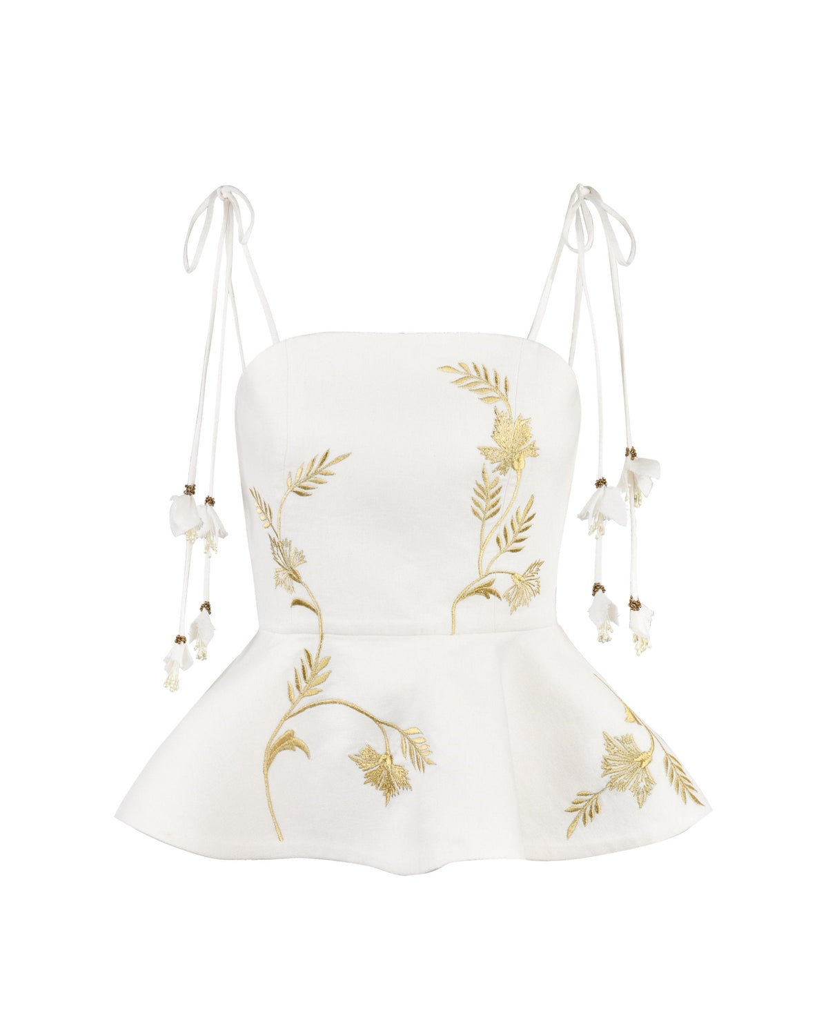 Front view of Lily Top in Ivory and Gold with silk embroidery and beaded petal embellishments on white