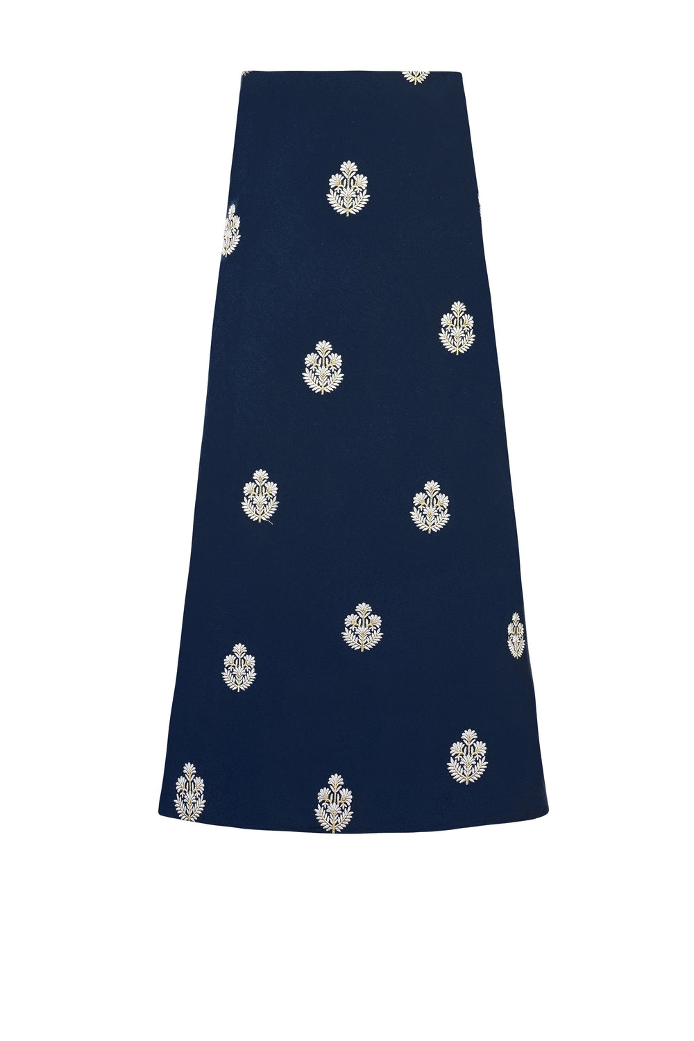 Front view of Mina Skirt in navy showcasing white and gold floral embroidery on linen fabric with plain white background