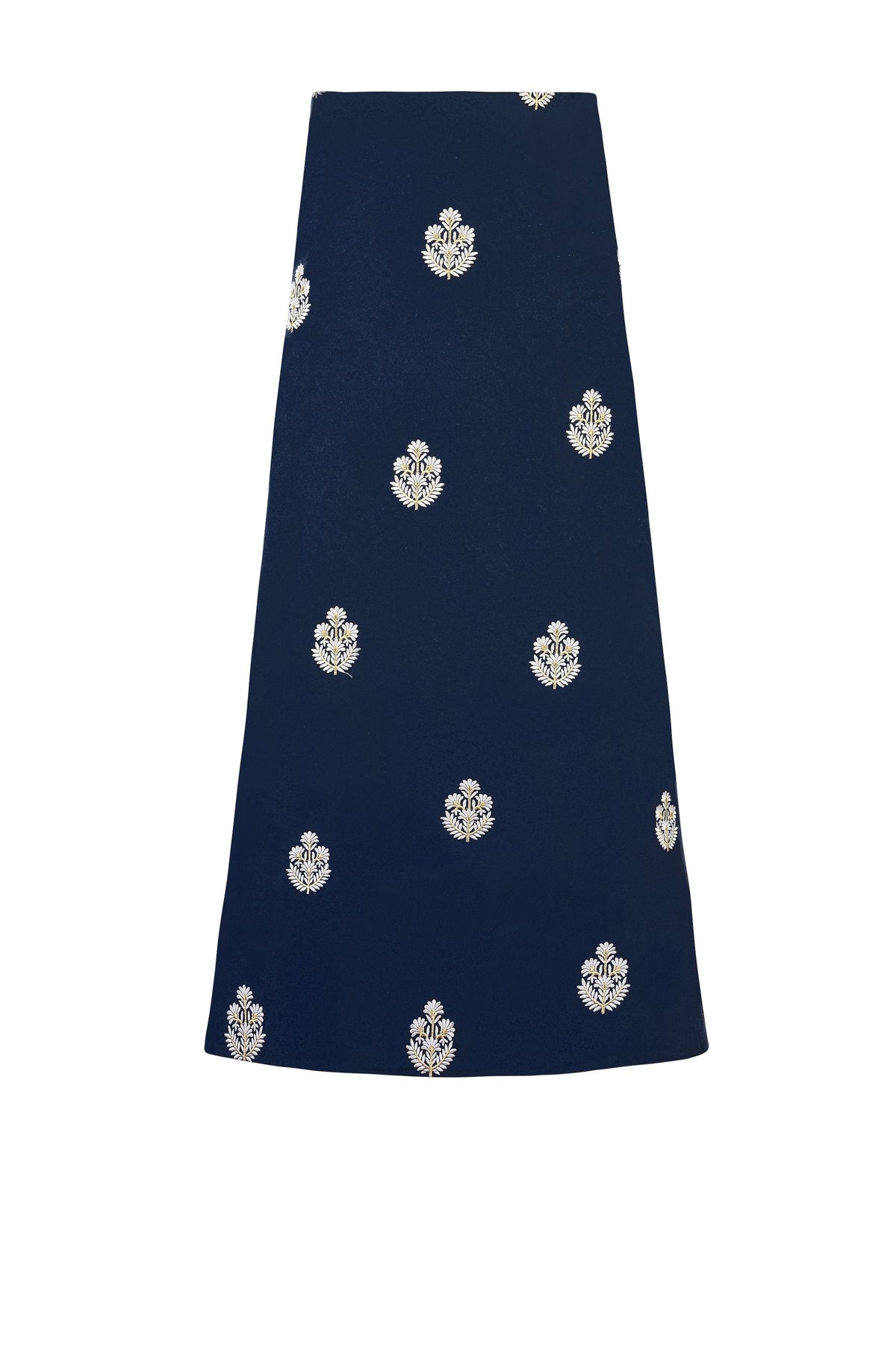 Front view of Mina Skirt in navy showcasing white and gold floral embroidery on linen fabric with plain white background
