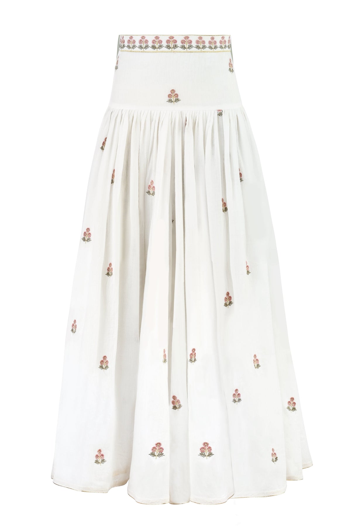 Front view of Naz Maxi Skirt showcasing high embroidered waistband and scattered pink floral embroidery on white fabric