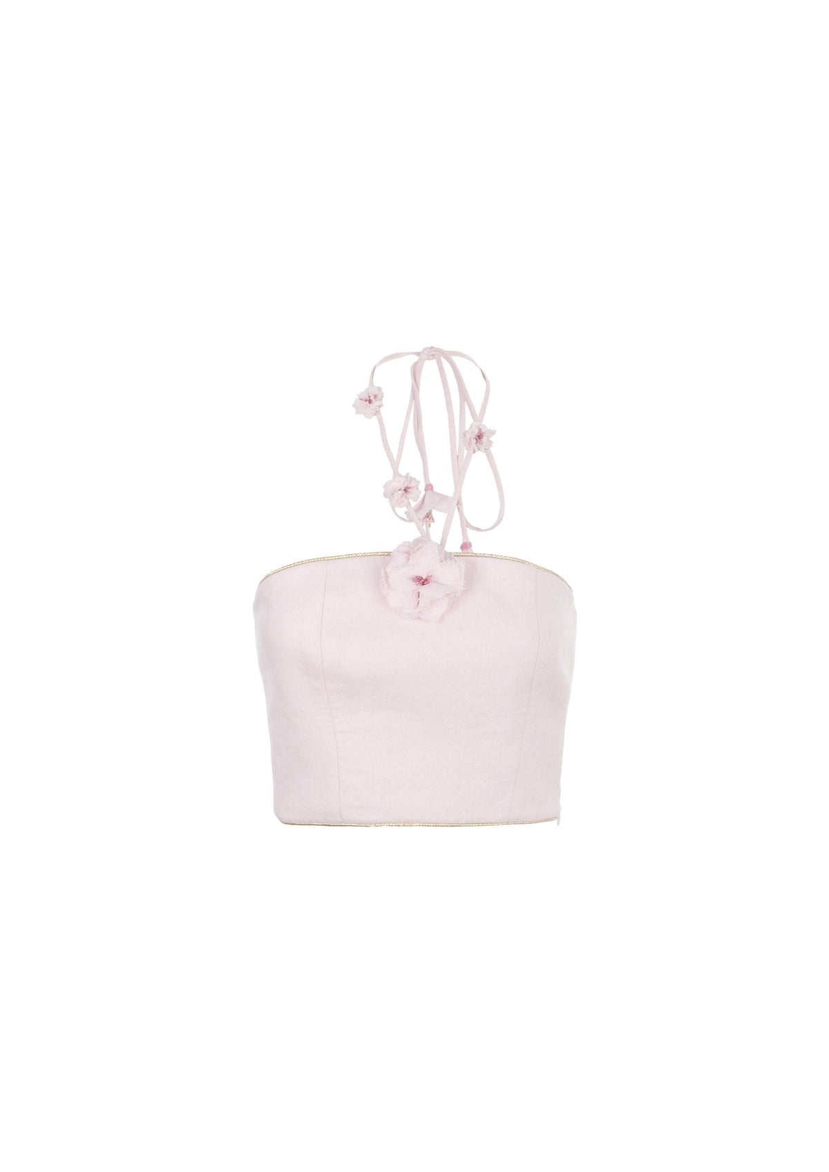 Front view of Hava Bustier in Pink showcasing front seam detailing, gold piping, and tassel neck tie on a white background