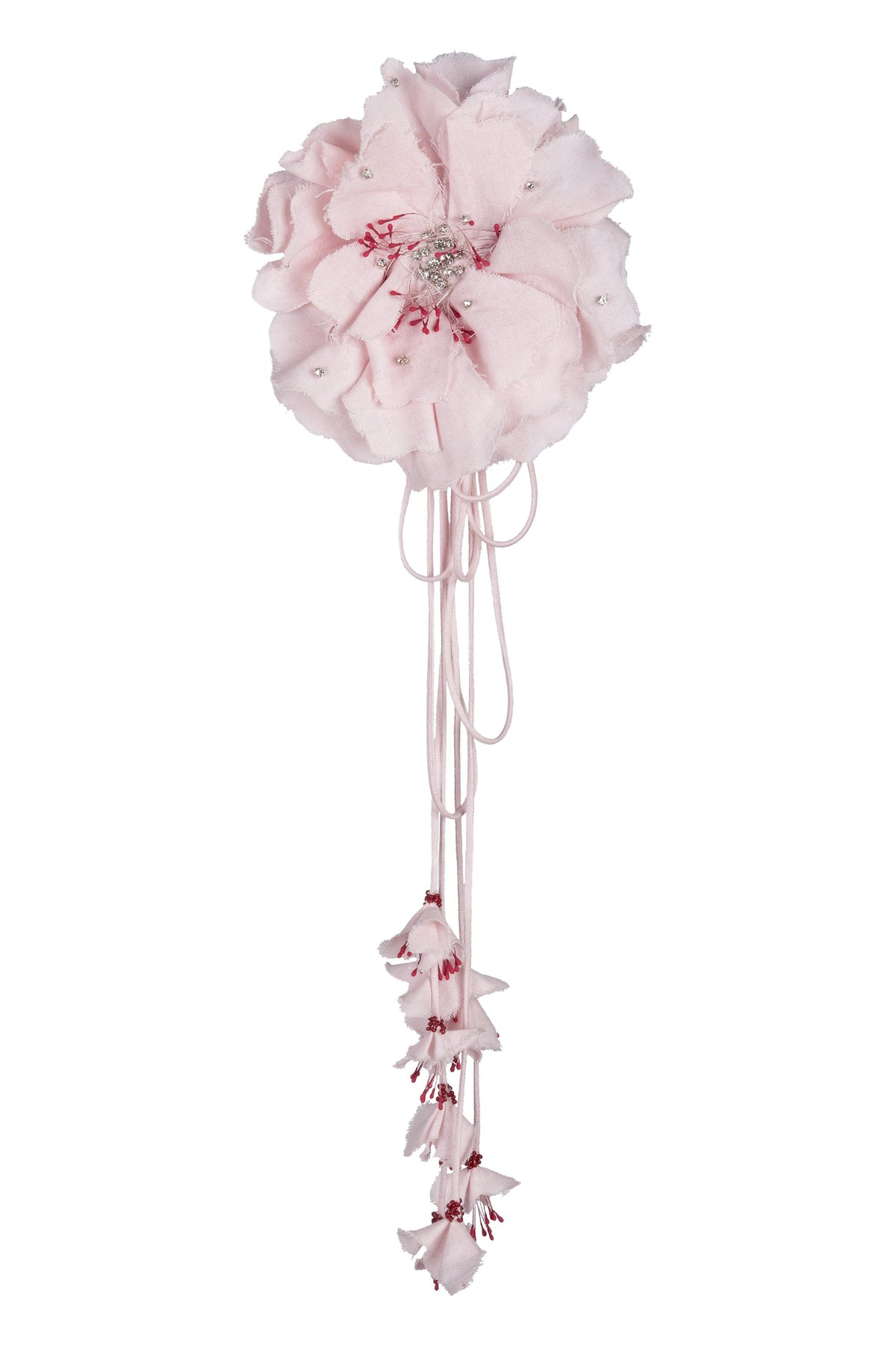 Close-up of Gol Wrap Dress in Pink showcasing its handmade flower with handmade petals on a white background
