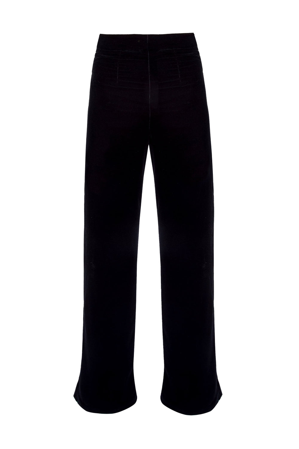 Front view of Mahtab straight-leg velvet pants in black with high waist and full-length straight legs on white background