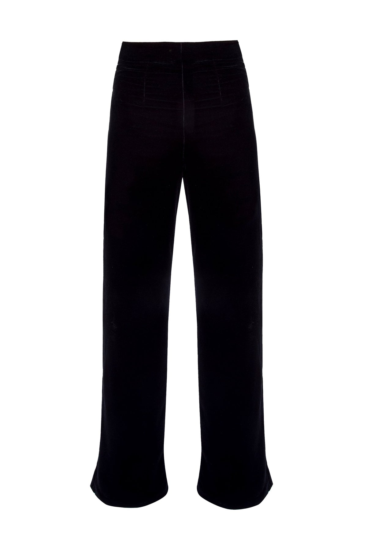 Front view of Mahtab straight-leg velvet pants in black with high waist and full-length straight legs on white background