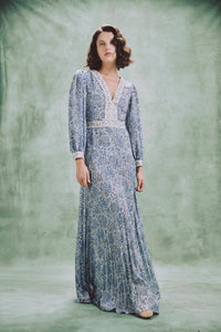 Tooba Maxi Dress - Printed Chiffon Blue Rosewater House 