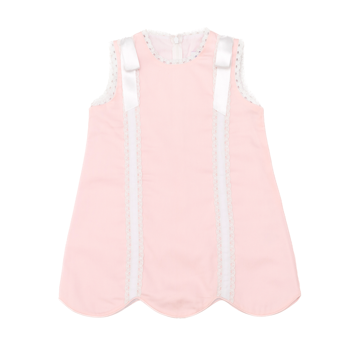 Henry Duvall Rosie Dress for girls in soft pink, a classic sleeveless dress with scalloped edges, lace trim, and satin bow details.