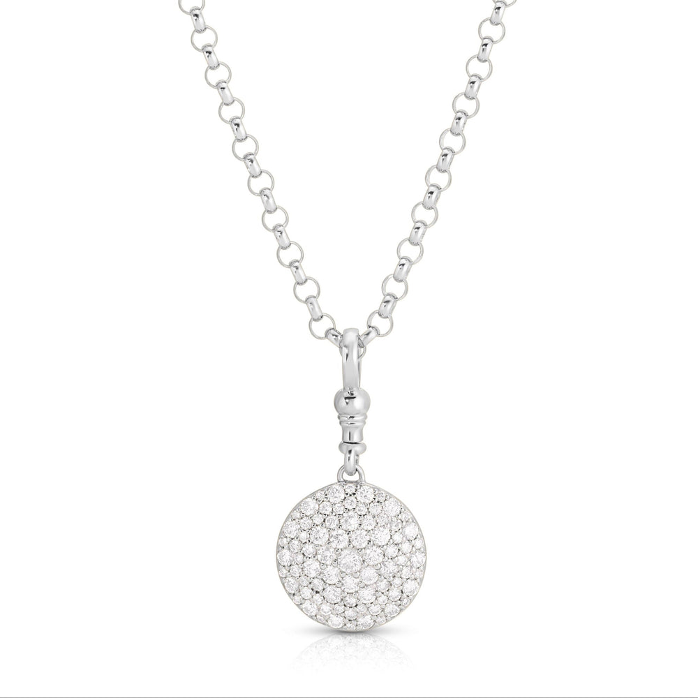 Front view of Valyria pocket-watch pendant necklace in 14k white gold showcasing pavé diamond face on white background