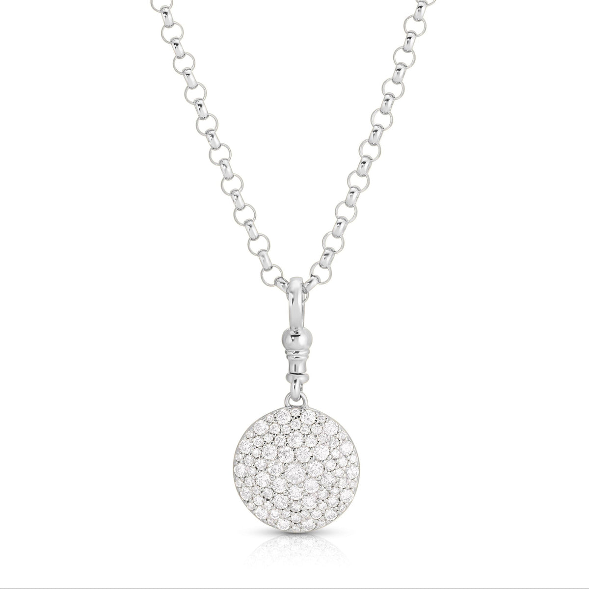 Front view of Valyria pocket-watch pendant necklace in 14k white gold showcasing pavé diamond face on white background