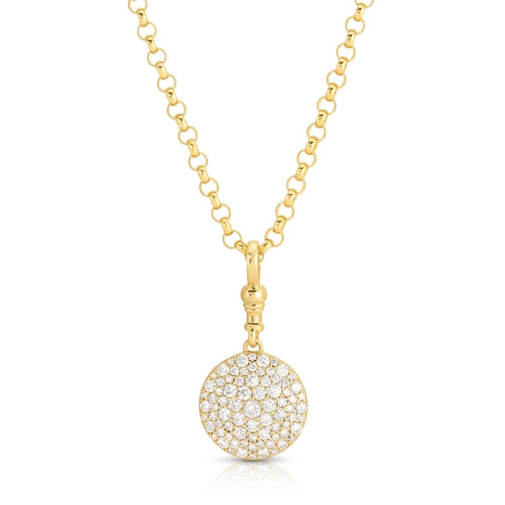 Front view of Valyria pocket-watch necklace with round pave diamond pendant on 14k yellow gold rolo chain on white background