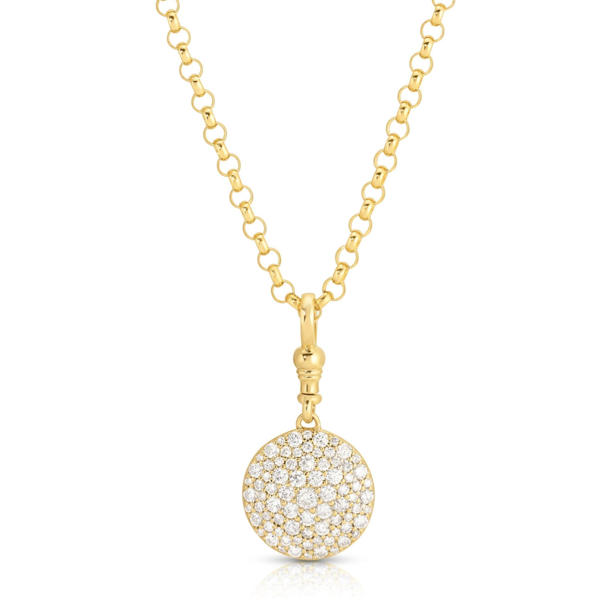 Front view of Valyria pocket-watch necklace with round pave diamond pendant on 14k yellow gold rolo chain on white background