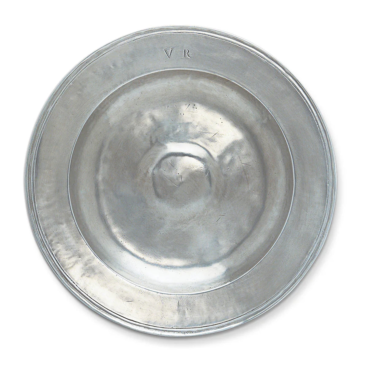 Top view of Round Platter showcasing its raised rim and pewter finish on a white background