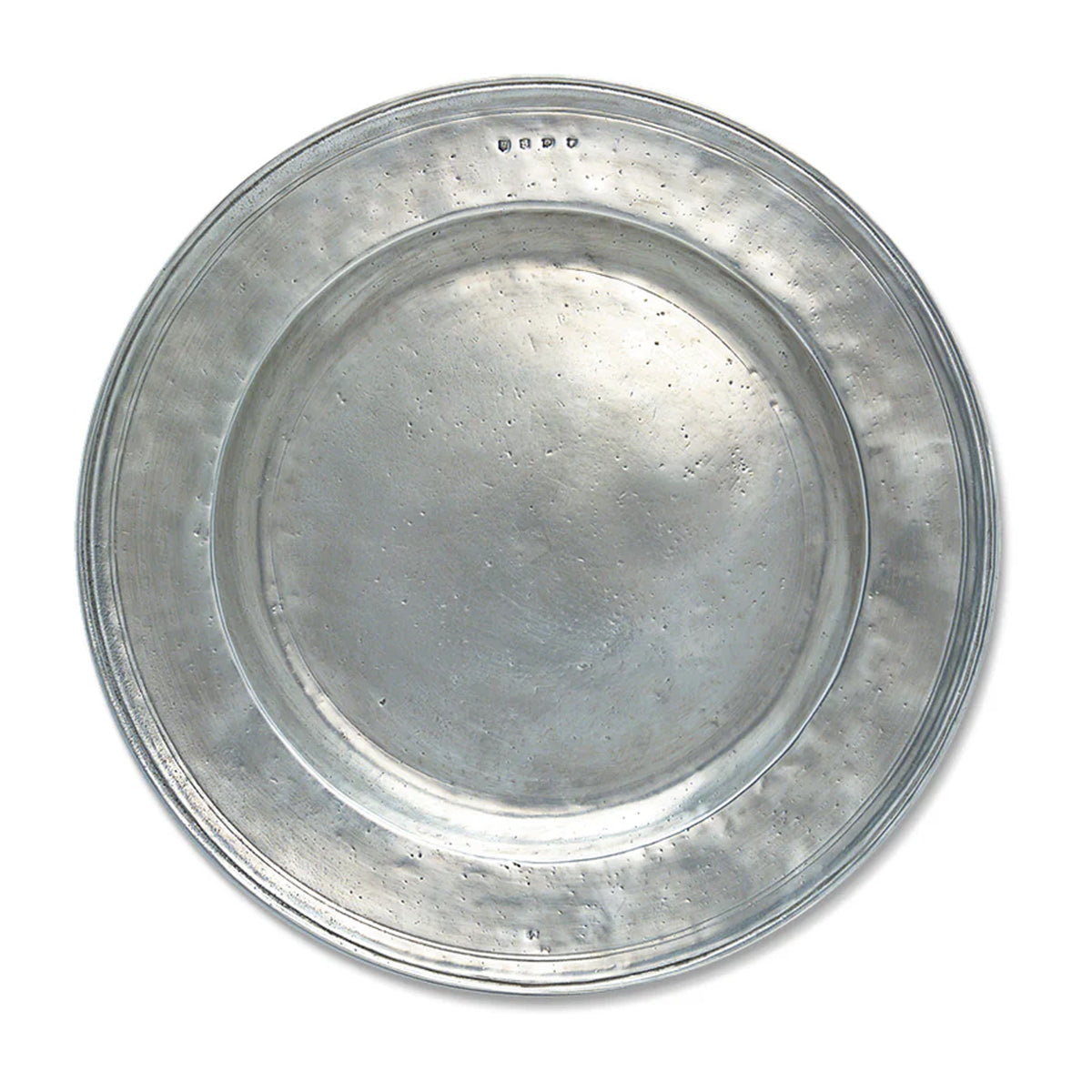 Top view of Round Platter, Large showcasing raised rim and textured all-pewter finish on a white background
