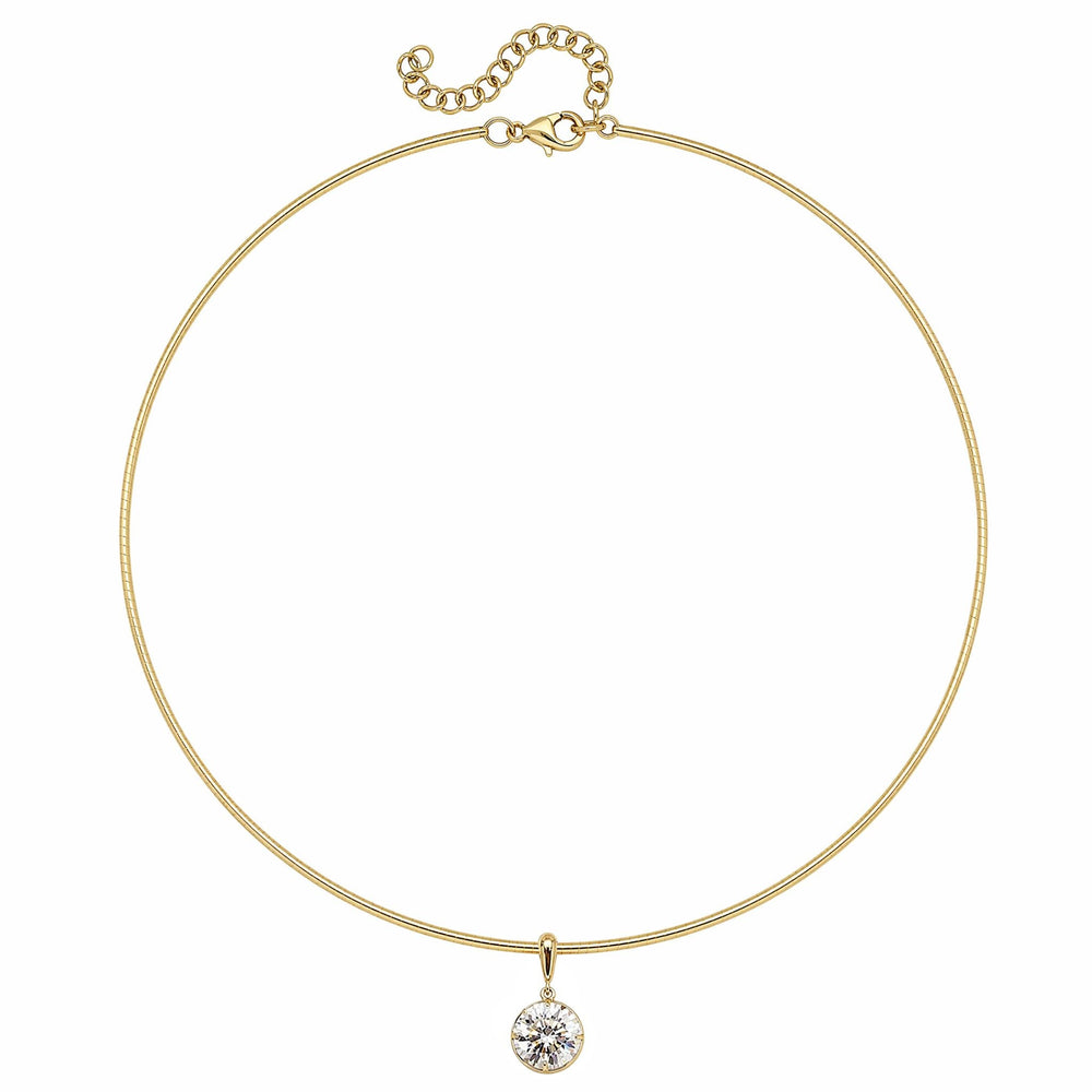 The Collet Set Round Diamond Omega Chain Necklace features a thin 18k yellow gold choker with an adjustable clasp and a single round diamond pendant at the center.