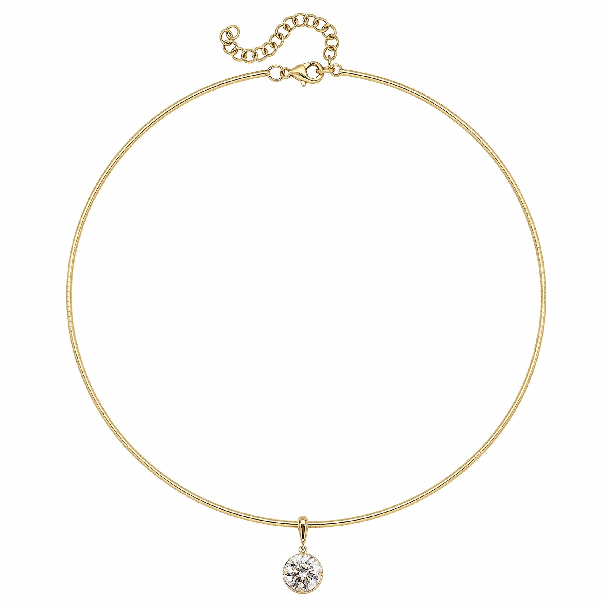 The Collet Set Round Diamond Omega Chain Necklace features a thin 18k yellow gold choker with an adjustable clasp and a single round diamond pendant at the center.