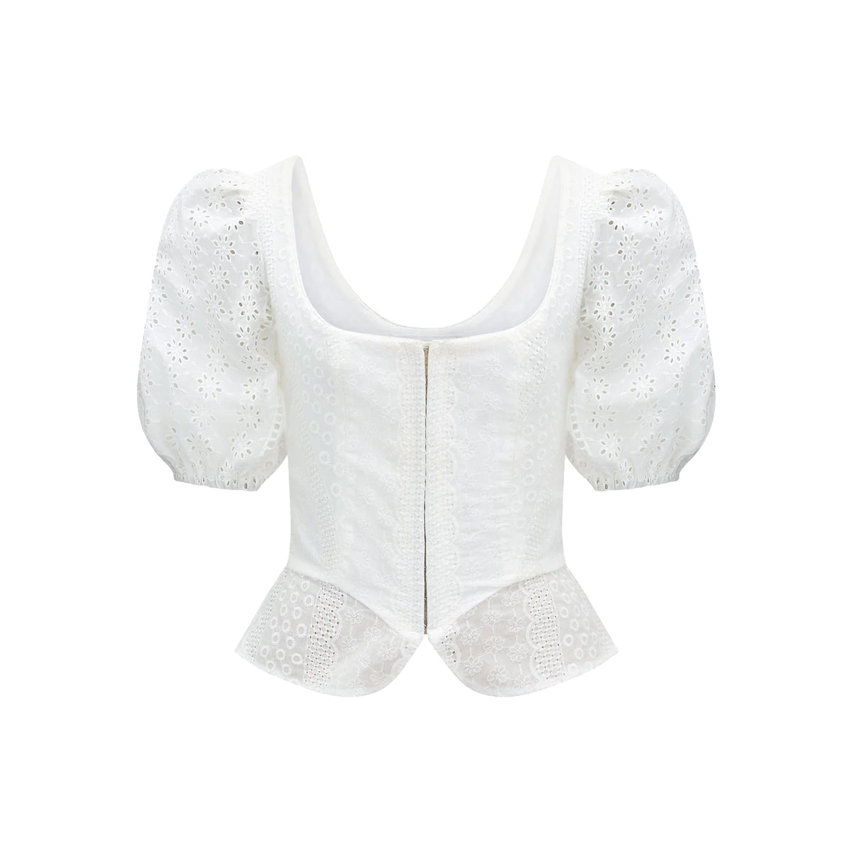 Front view of Roya Bodice in White Eyelet showcasing broderie anglaise cotton, puff sleeves, and peplum hem on white background