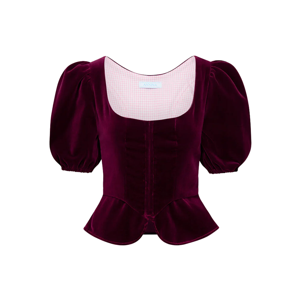 Front view of the Roya Bodice in Bordeaux showcasing puff sleeves and peplum hem on a white background