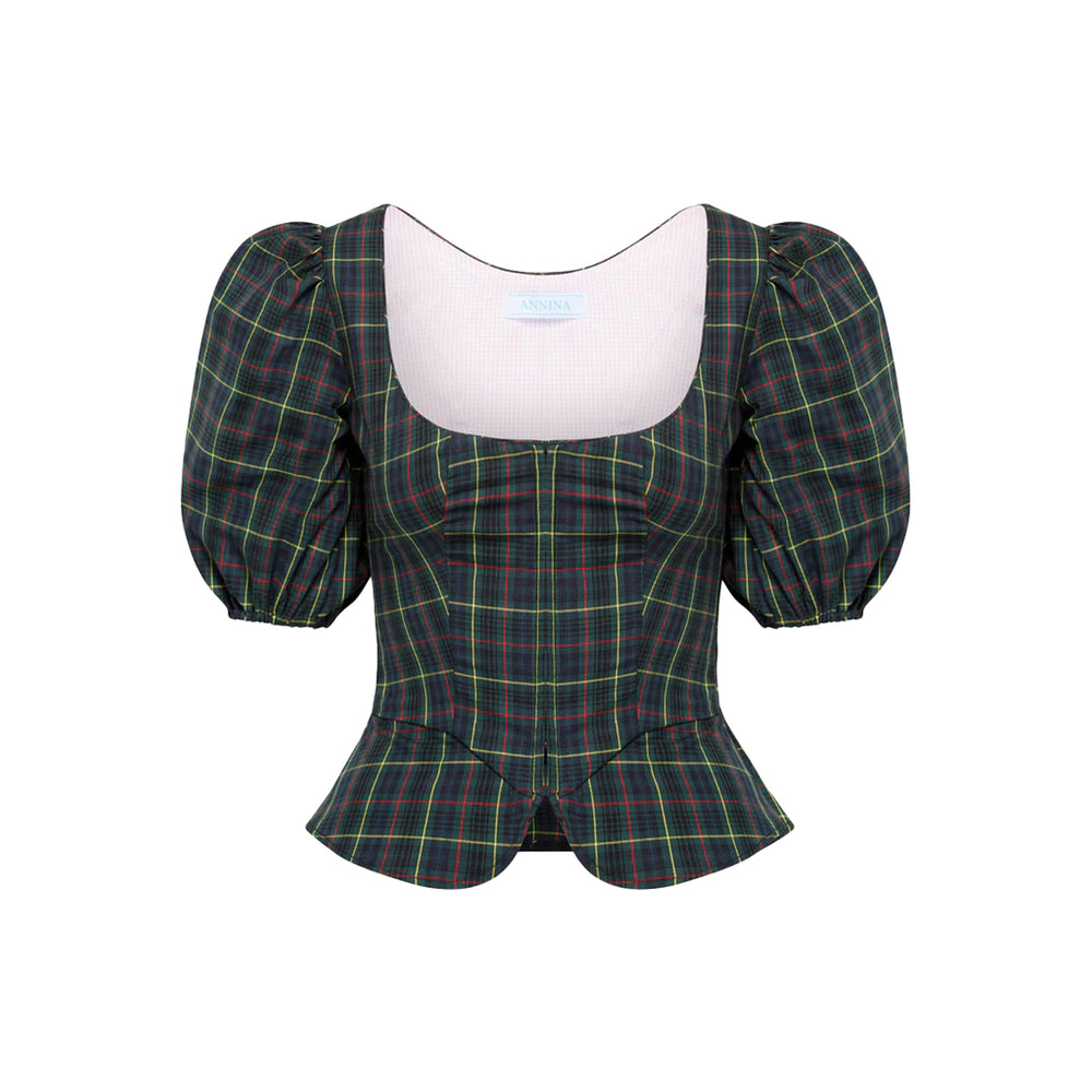 Front view of Roya bodice in tartan showcasing square neckline, puff sleeves and fitted peplum waist on white background