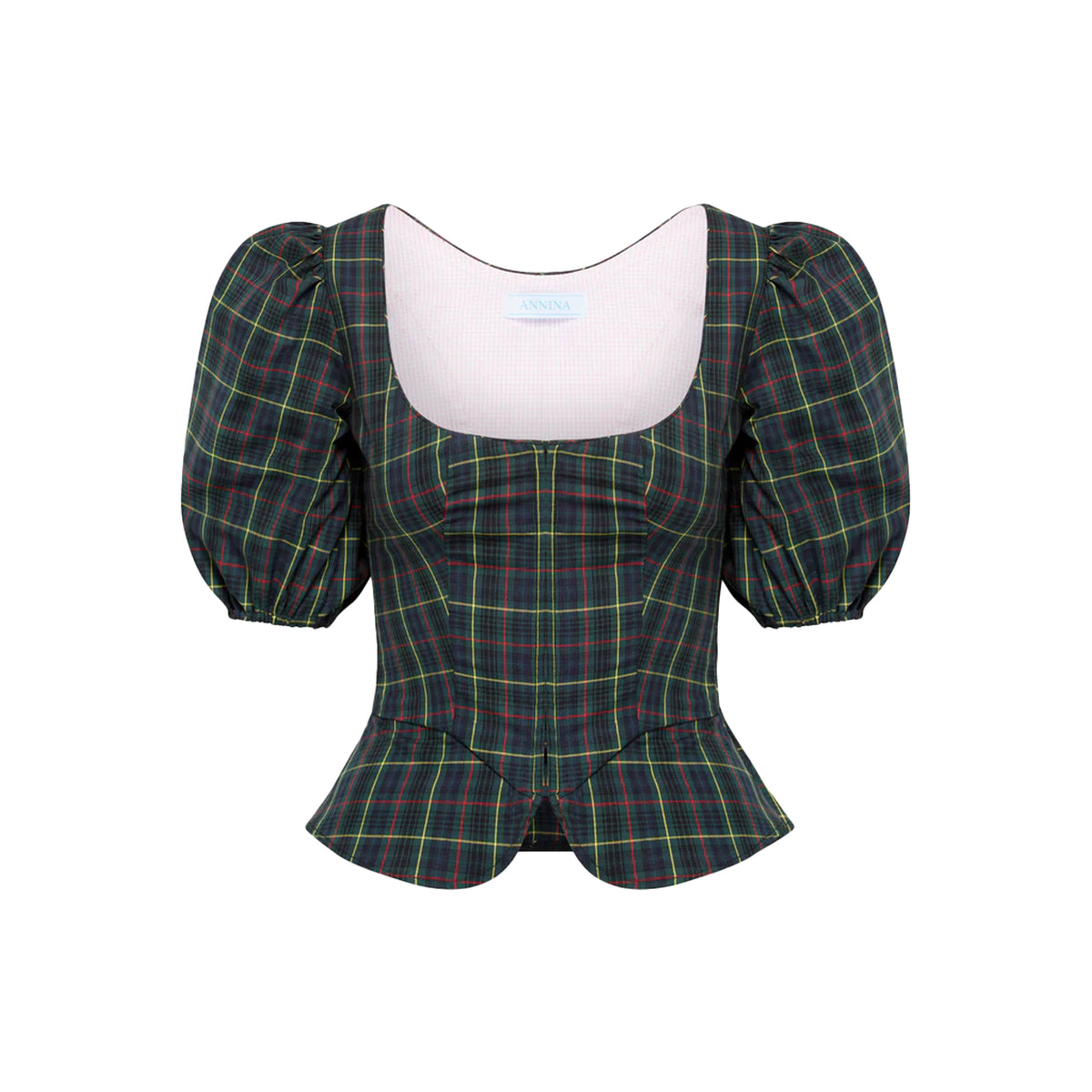 Front view of Roya bodice in tartan showcasing square neckline, puff sleeves and fitted peplum waist on white background