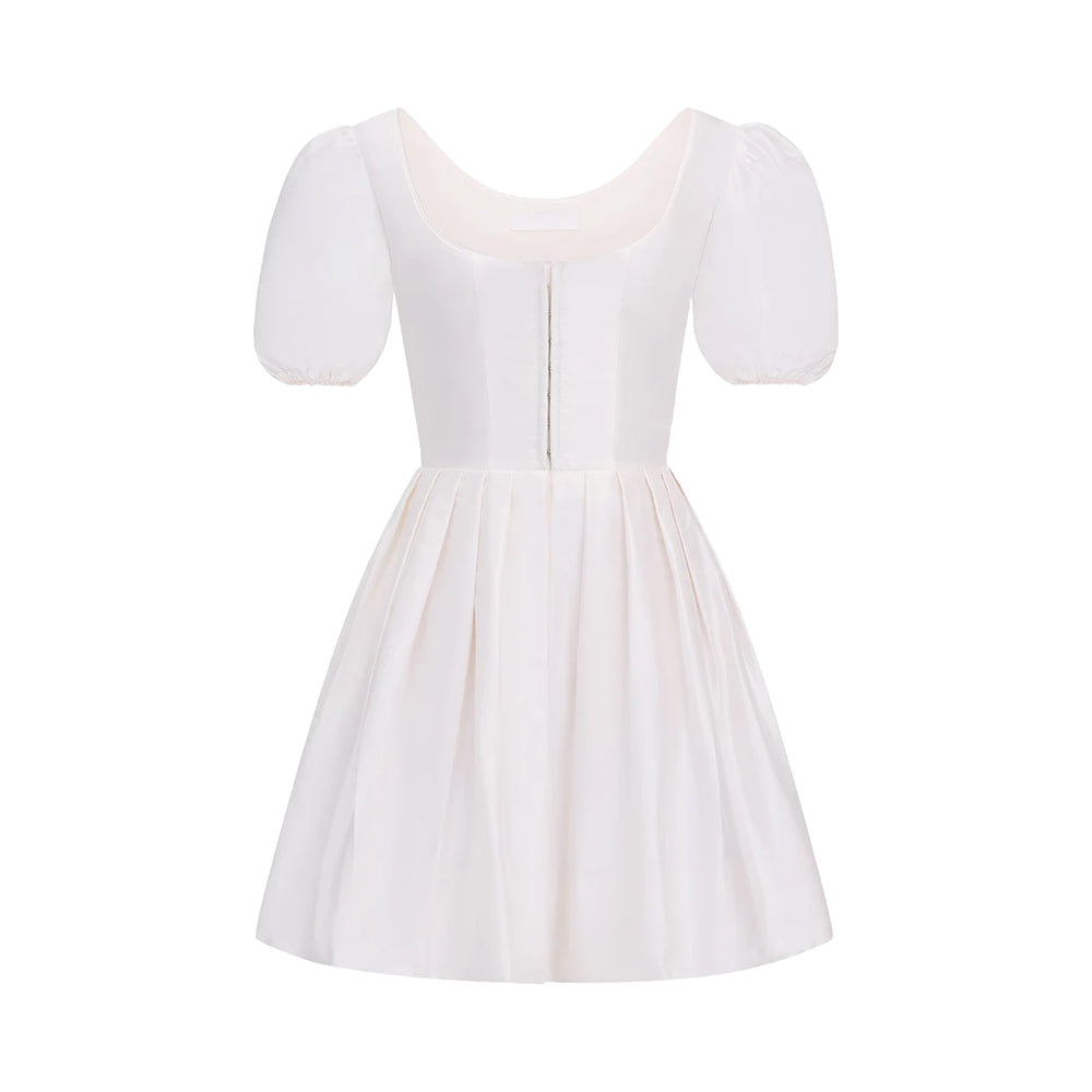 Front view of the Roya Silk Taffeta Dress in White showcasing its boned corset bodice and voluminous skirt on a white background