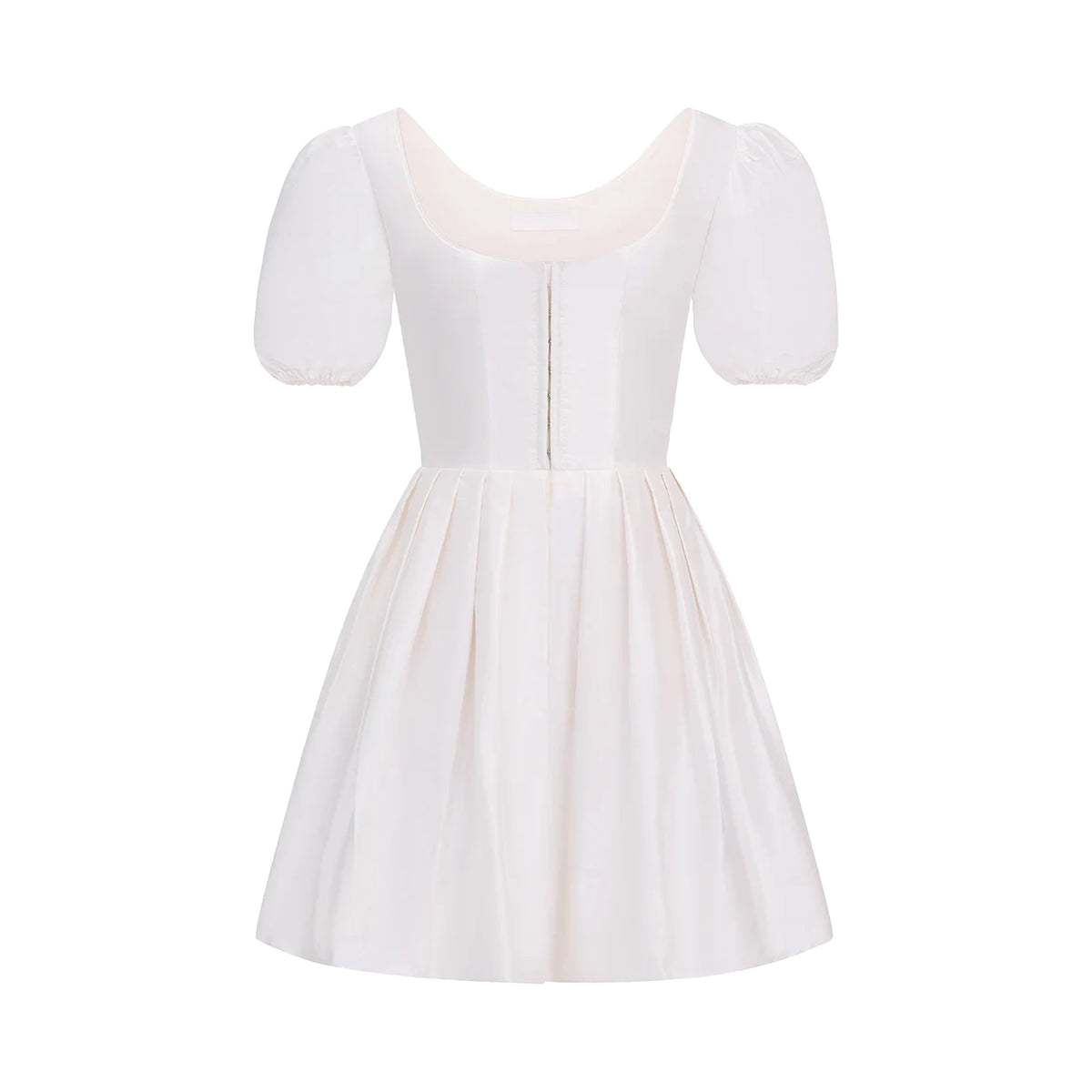 Front view of the Roya Silk Taffeta Dress in White showcasing its boned corset bodice and voluminous skirt on a white background