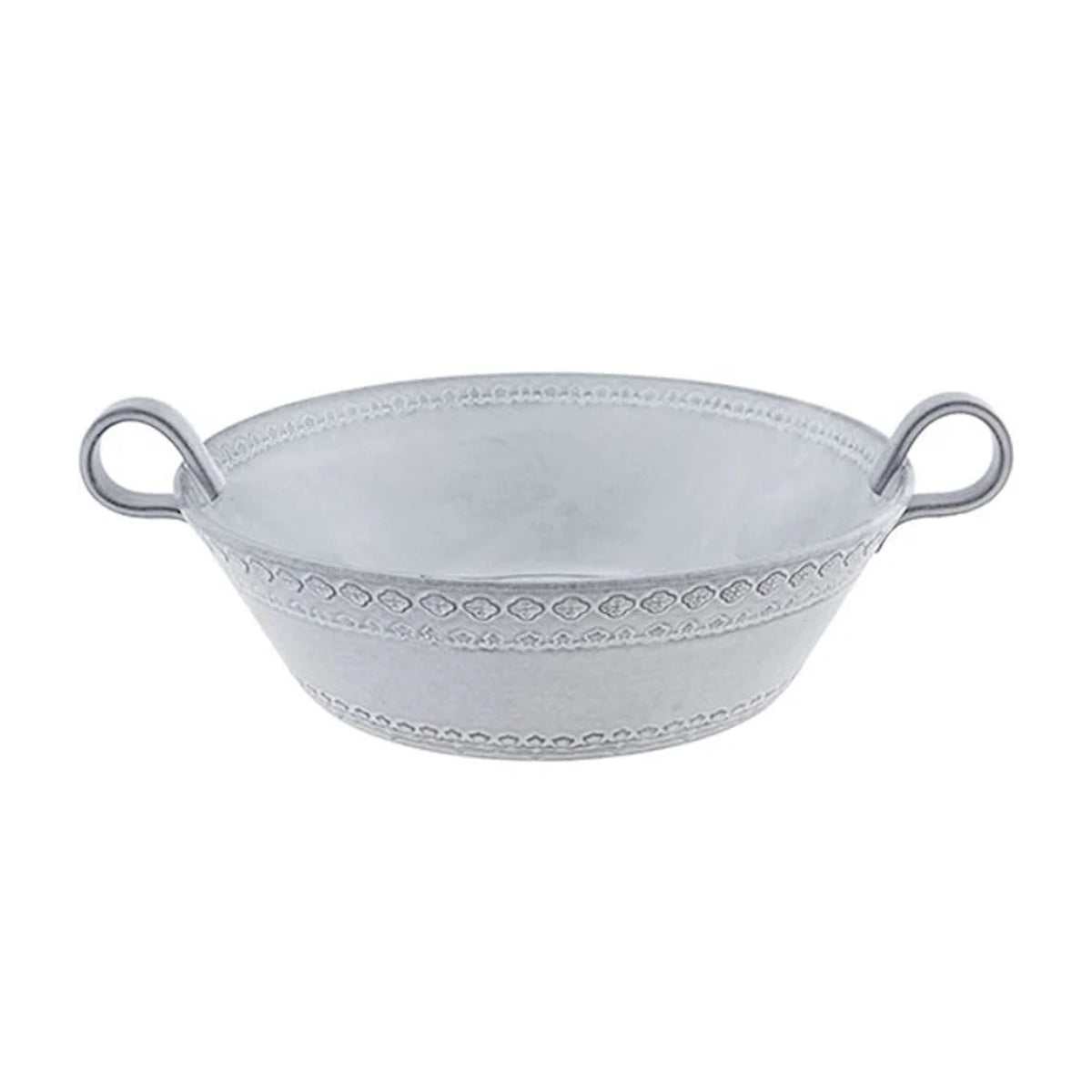 Front view of Rua Nova salad bowl in White Antique showcasing ornate raised rim, patterned band, and side handles with a white background