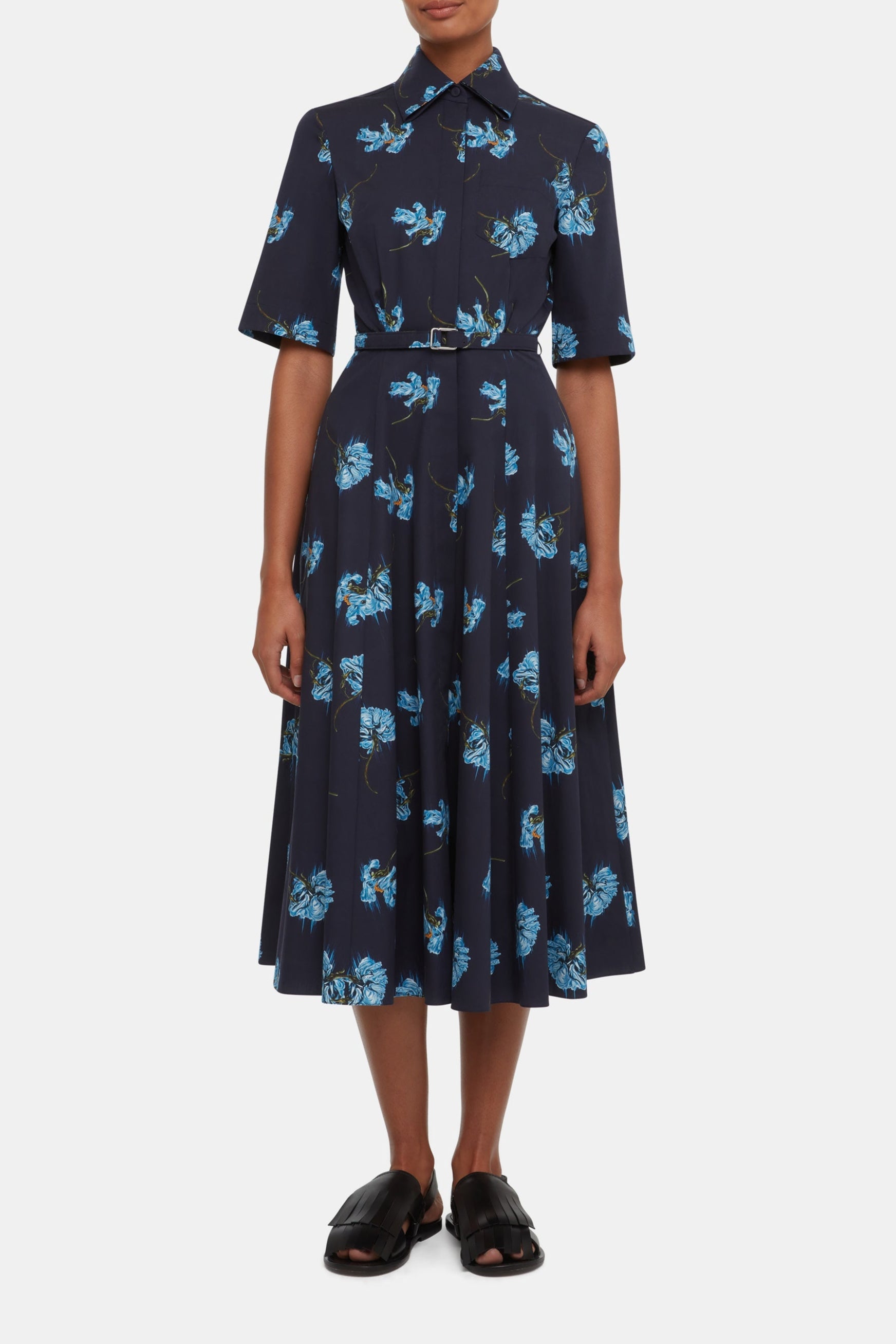 Rubie Dress with Blue Flowers on Navy Cotton Front