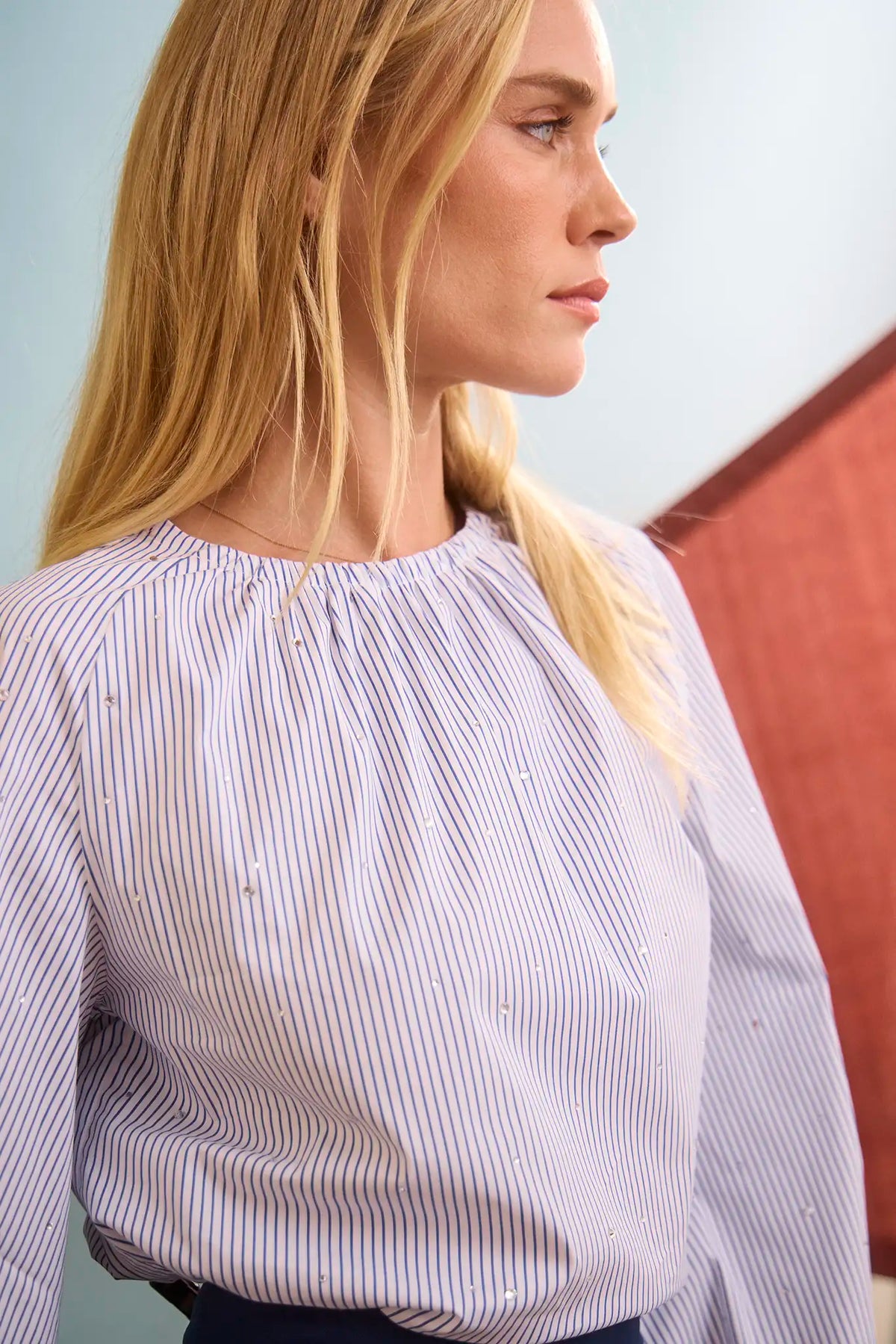 The Faye Short in Deep Sea paired with Rue Blouse in Starlight Embellished Stripe.