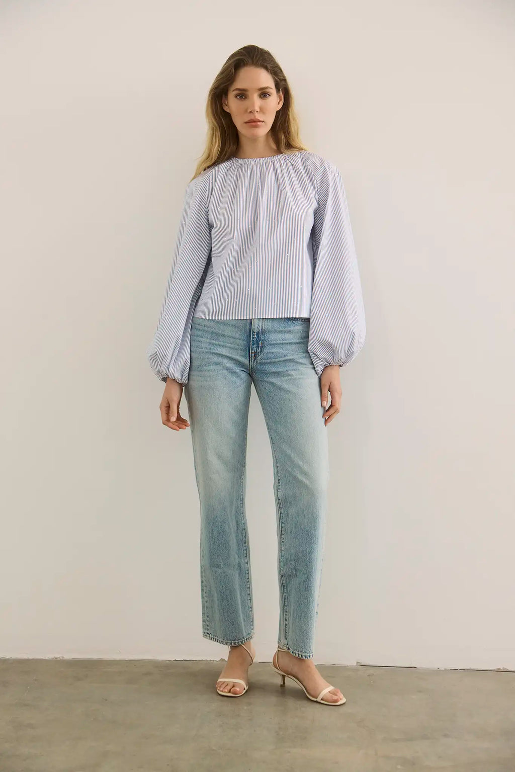 The Rue Blouse in Starlight Embellished Stripe paired with denim. 