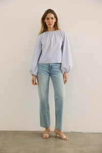 The Rue Blouse in Starlight Embellished Stripe paired with denim. 