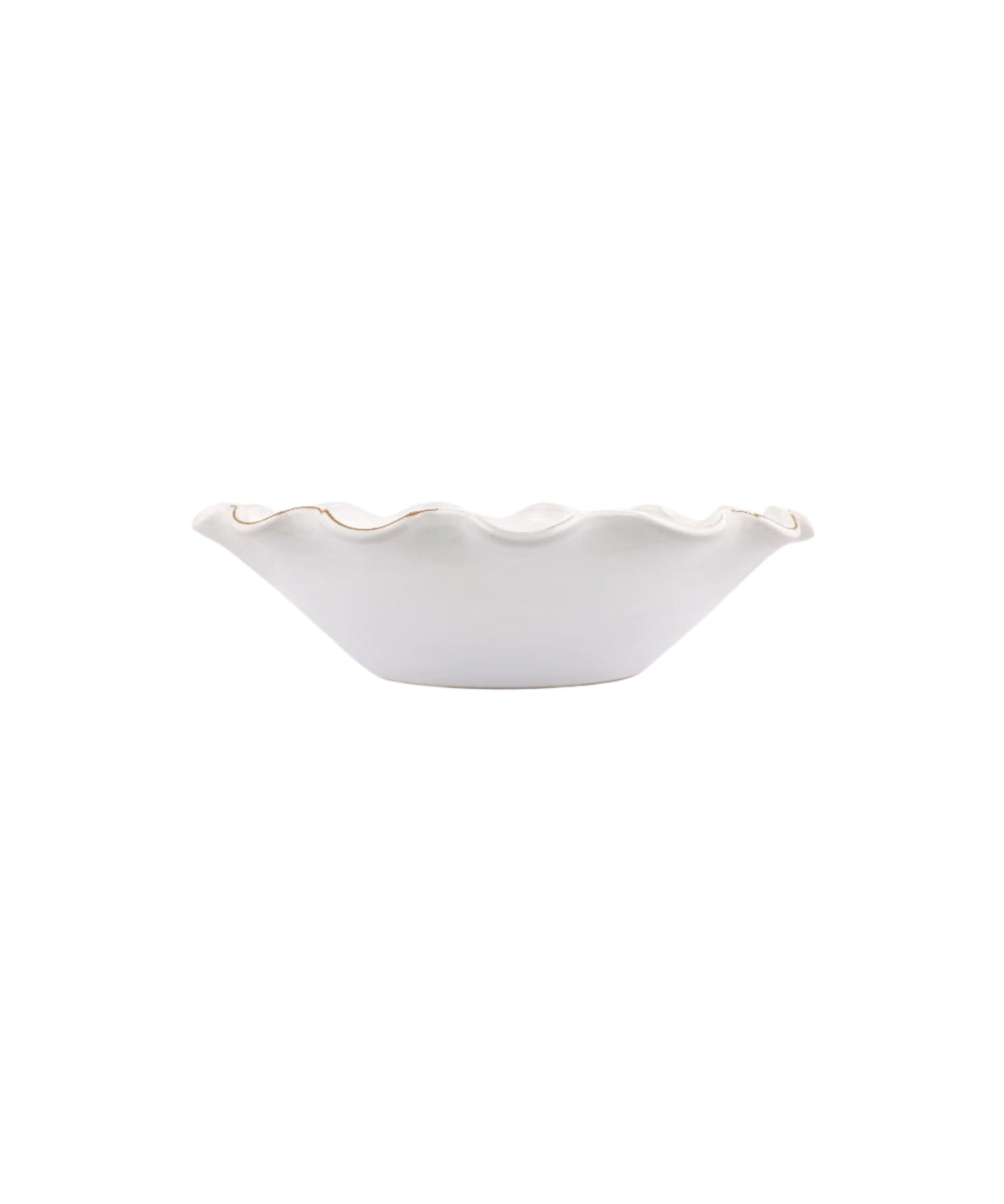 Side view of Ruffle Ceramic Bowl in White showcasing its wavy ruffle rim with a white background