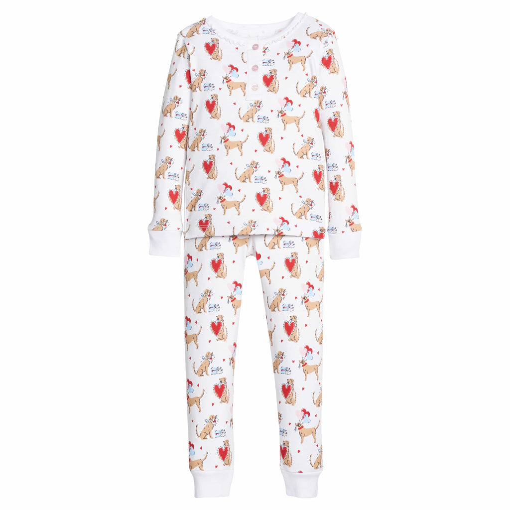 little english classic children's clothing girls long sleeve and pant pajamas with lab and red hearts all over print 